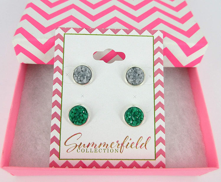 Duo Silver-tone Gray and Green Faux Druzy Stone Stud Earrings 8mm Set