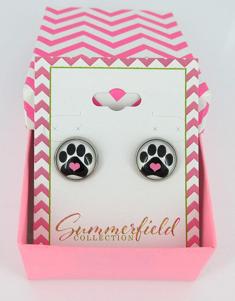Stainless Steel Black and White Paw Print Pink Heart Glass Stud Earrings 12mm