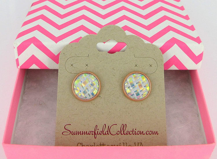 Rose Gold-tone Clear Frosted Metallic Rainbow Stud Earrings 12mm