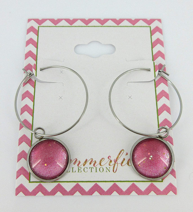 Stainless Steel Pink and Silver Glitter Glass Charm Hoop Earrings Hand-painted 1"
