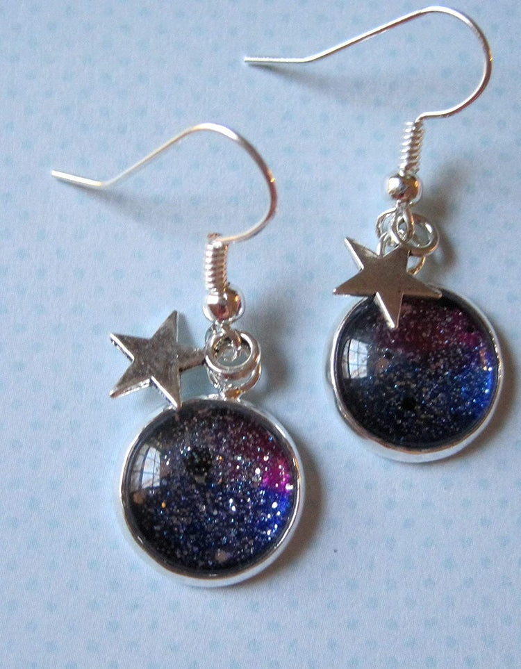 Silver-tone Glitter Glass Star Charm Galaxy Dangle Earrings Blue Purple Teal Hand-painted