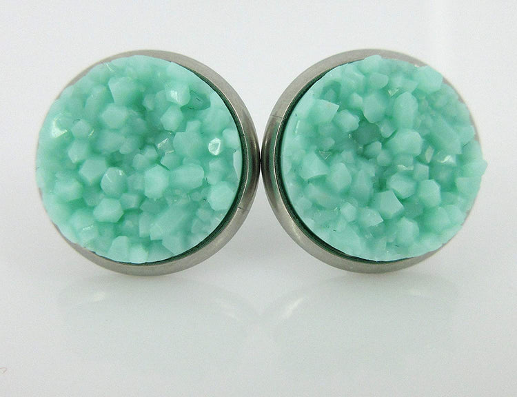 Duo Stud Earrings Stainless Steel Sweet Mint Green Faux Druzy Stone and Flamingo Print Glass 12mm Set