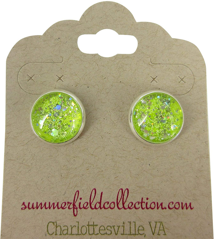 Silver-tone Neon Yellow Green Glitter Glass Stud Earrings Hand-painted 12mm