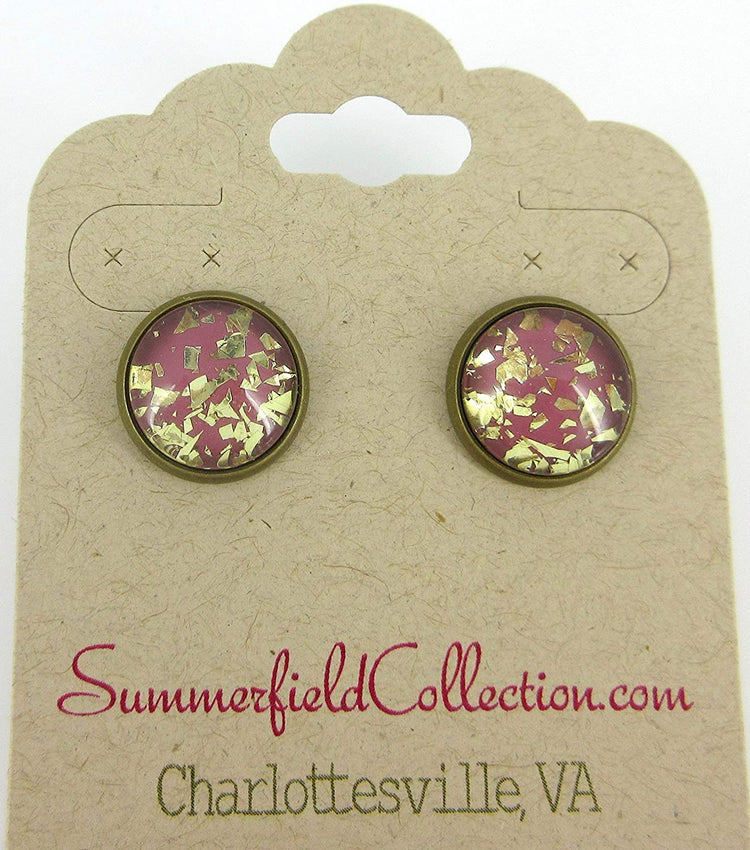 Antiqued Gold-tone Plum Berry Glitter Glass Stud Earrings 12mm Hand-painted