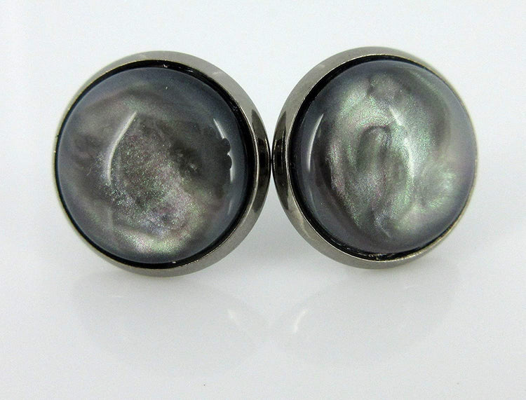 Hematite-tone Faux Stone Resin Stud Earrings 12mm Mystical Gray Pink
