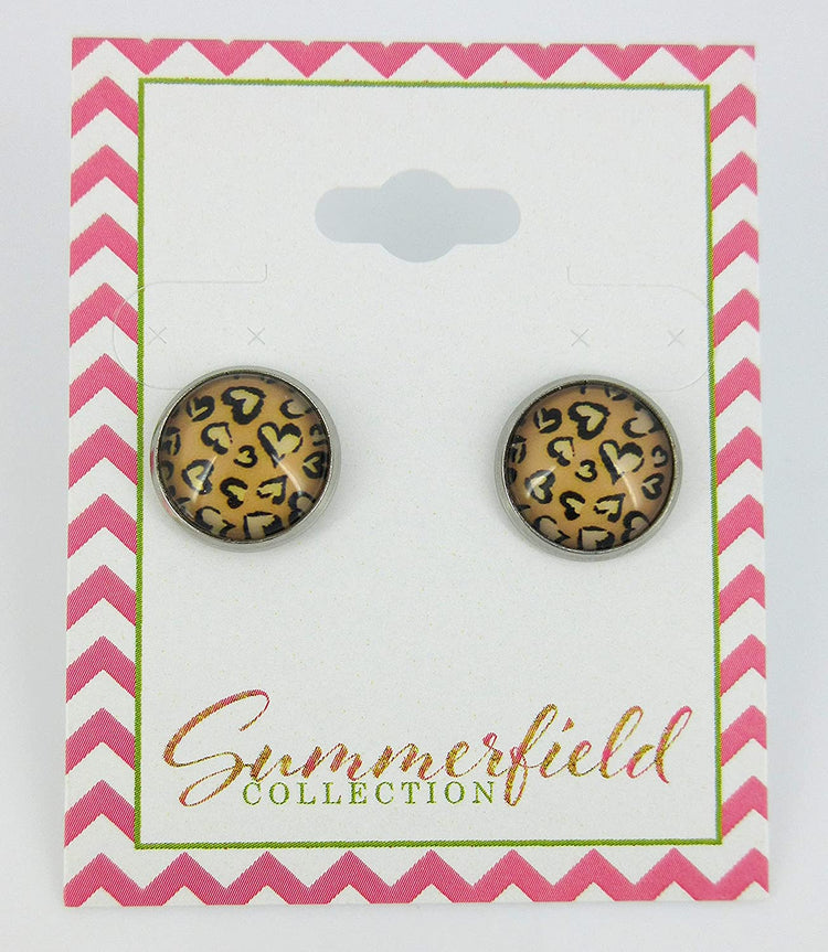 Stainless Steel Heart Cheetah Animal Print Glass Stud Earrings 12mm Black Brown