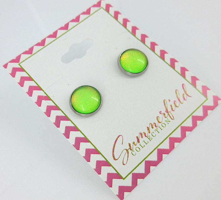 Stainless Steel Neon Green Colorshifting Glitter Glass Stud Earrings Hand-painted 10mm