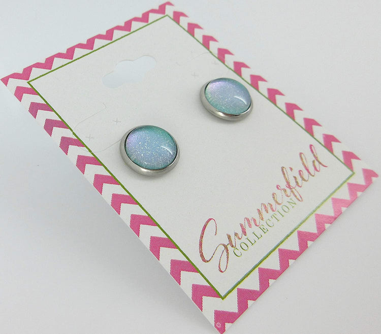 Stainless Steel Light Aqua Mint Glitter Glass Stud Earrings Hand-painted 10mm