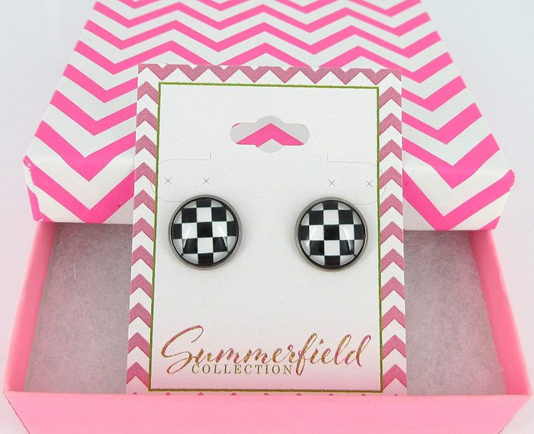 Hematite-tone Black and White Checkerboard Print Glass Stud Earrings 12mm