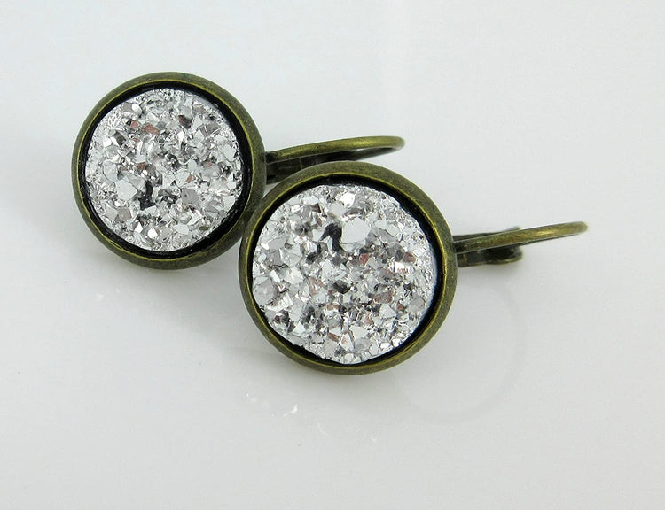 Antiqued Gold-tone Silver Faux Druzy Stone Lever-back Drop Earrings 12mm