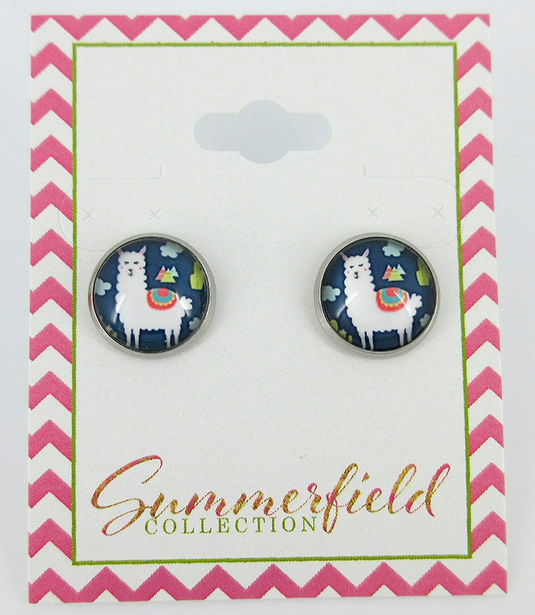 Stainless Steel Llama Print Glass Stud Earrings 12mm (Navy Blue)