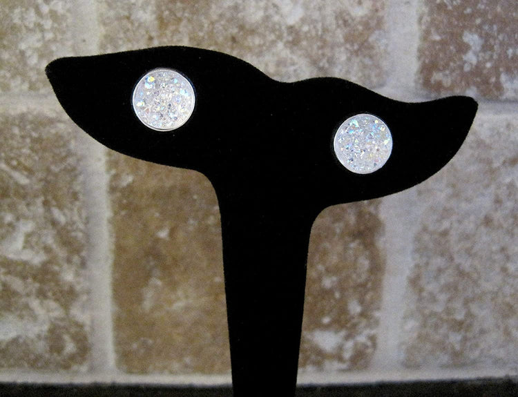 Silver-tone Trio Stud Earrings Neon Green Black Glitter Glass Gunmetal Clear Faux Druzy Stone Set