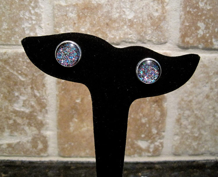 Silver-tone Blue Purple Pink Glitter Glass Stud Earrings 12mm Hand-painted