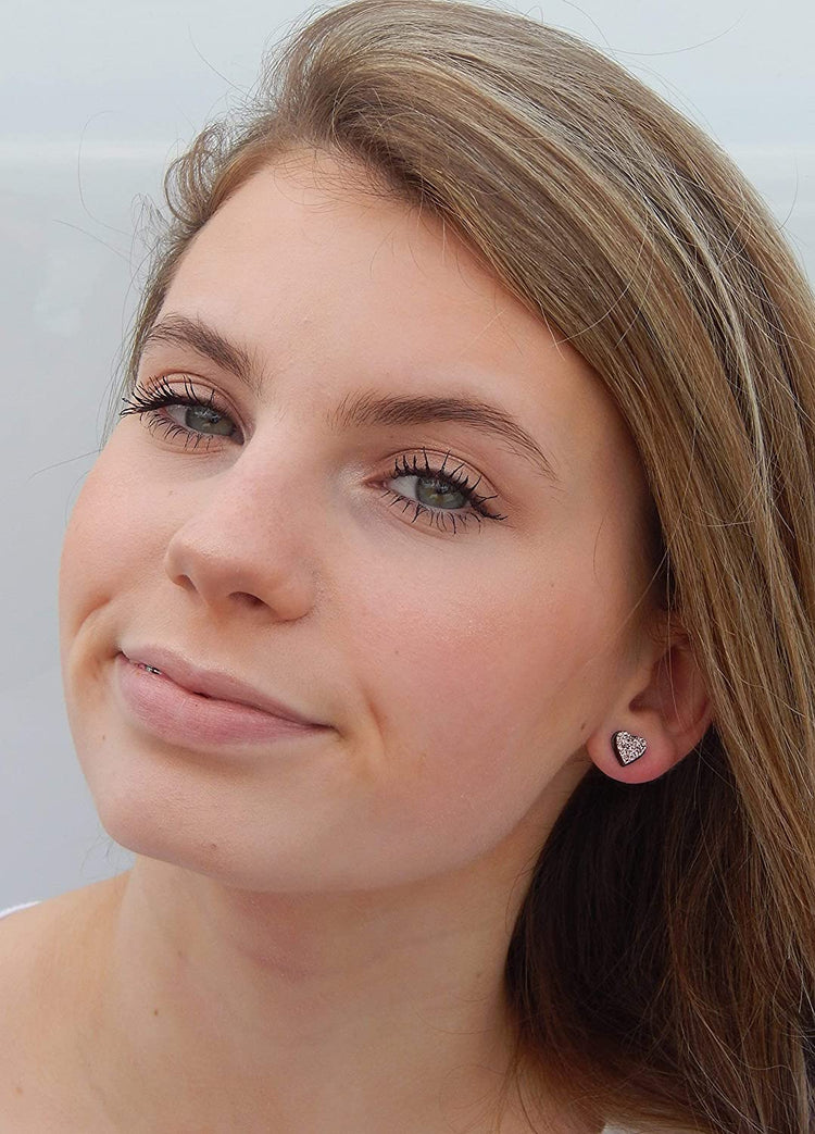 Stainless Steel Brown Rose Gold Glitter Acrylic Heart Stud Earrings 8mm
