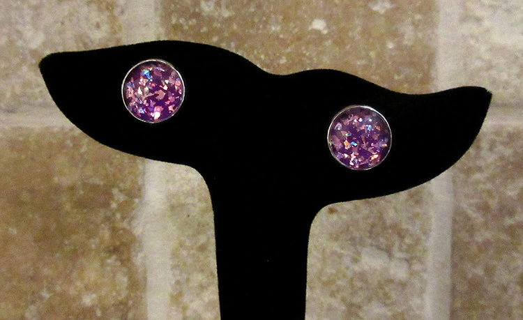 Silver-tone Purple Shard Glitter Glass Stud Earrings Hand-painted 12mm