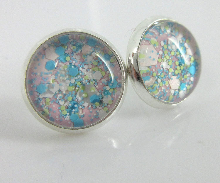 Silver-tone Pink Aqua Blue White and Lime Green Glitter Glass Stud Earrings Hand-painted 12mm
