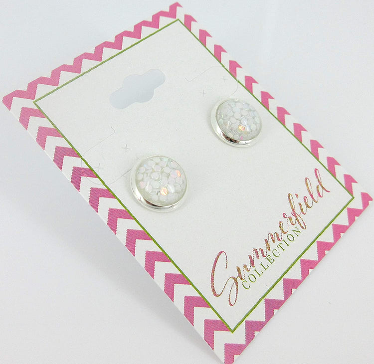 Shiny Silver-tone White Iridescent Glitter Resin Stud Earrings 10mm