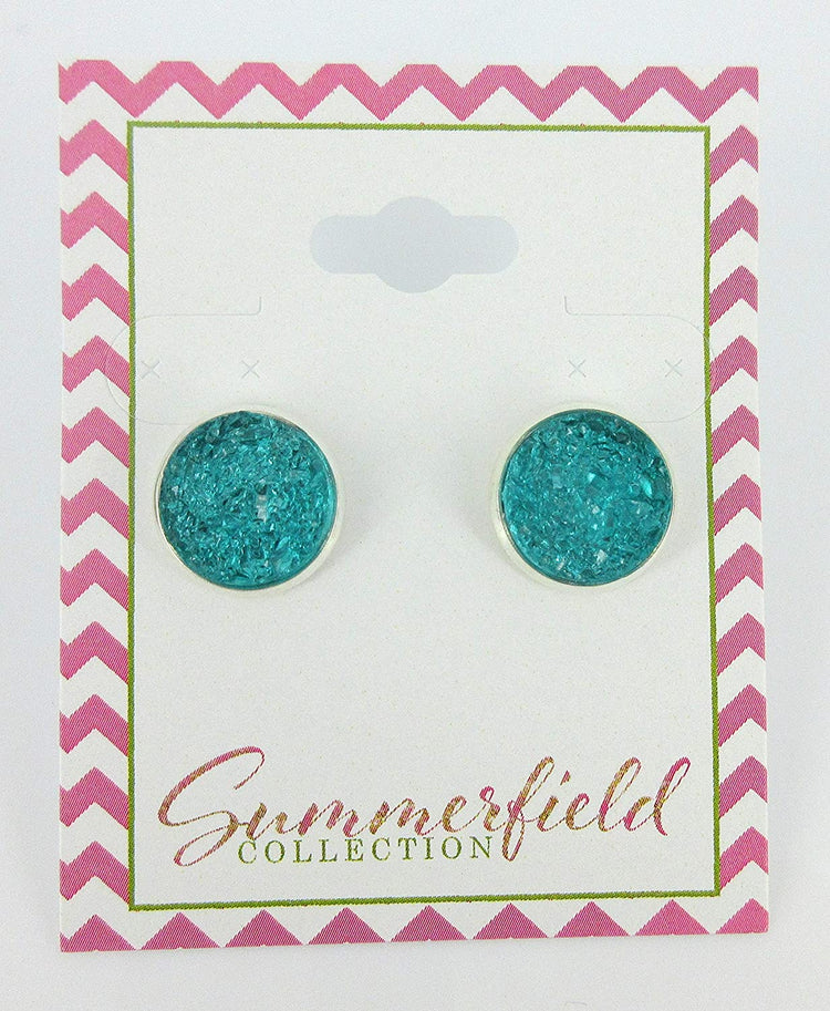 Silver-tone Carribean Blue Faux Druzy Stone Stud Earrings 12mm
