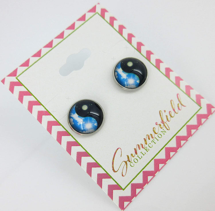 Stainless Steel Sky Blue and Black Day Night Yin Yang Print Glass Stud Earrings 12mm