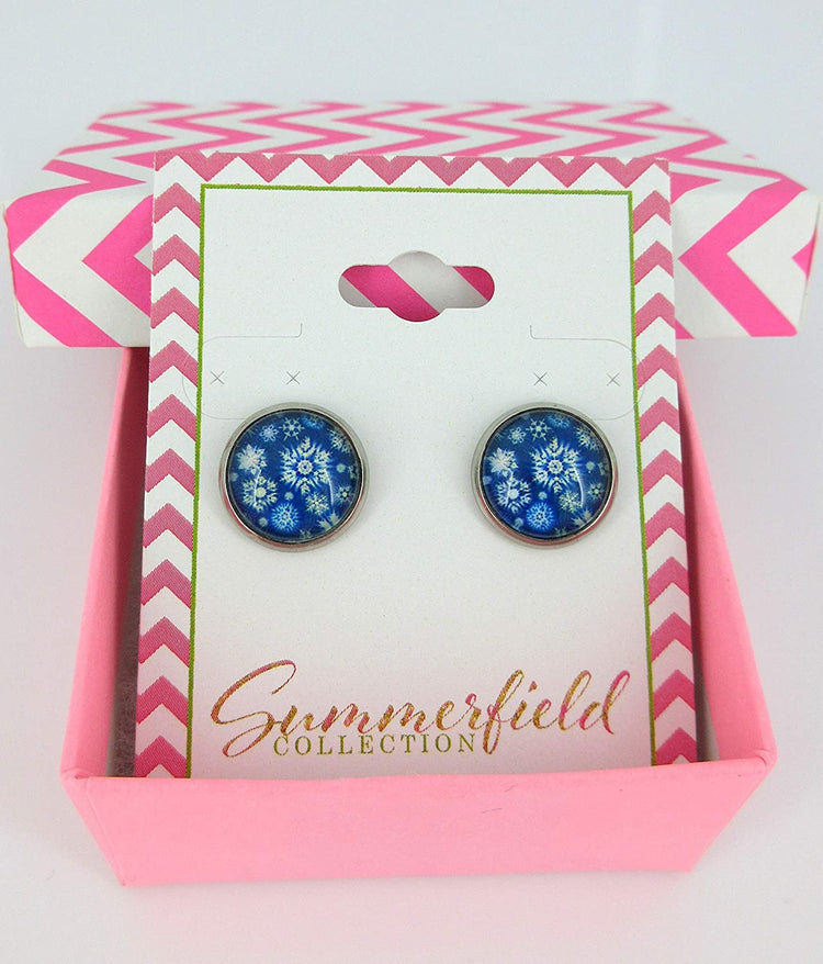 Stainless Steel Snowflake Print Glass Stud Earrings 12mm