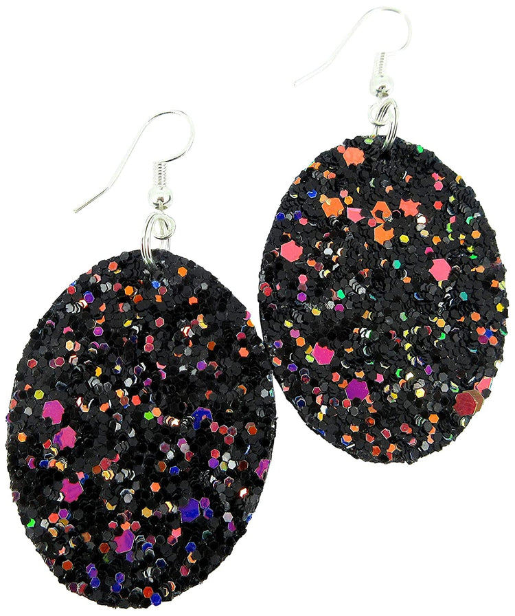 Silver-tone Glitter Faux Leather Oval Dangle Earrings (Peachy Pink)