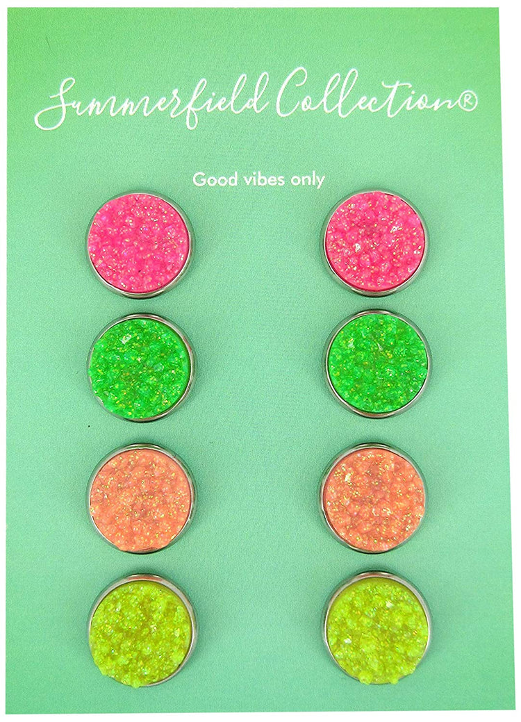 Stainless Steel Neon Pink Orange Yellow Green Faux Druzy Glitter Stone Stud Earrings Set (12mm)