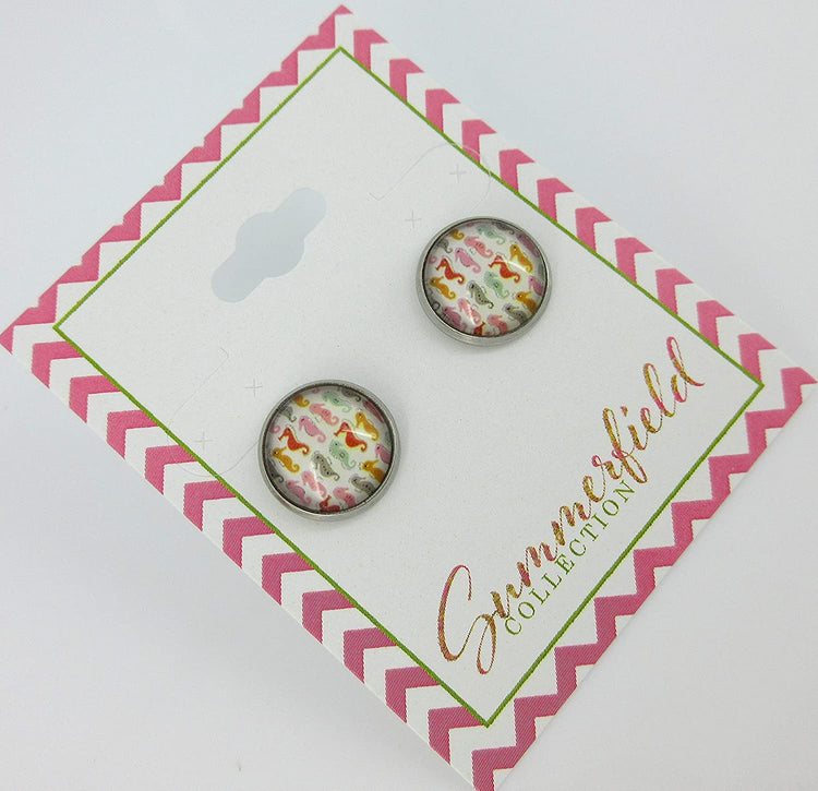 Stainless Steel Colorful Seahorse Print Glass Stud Earrings 12mm