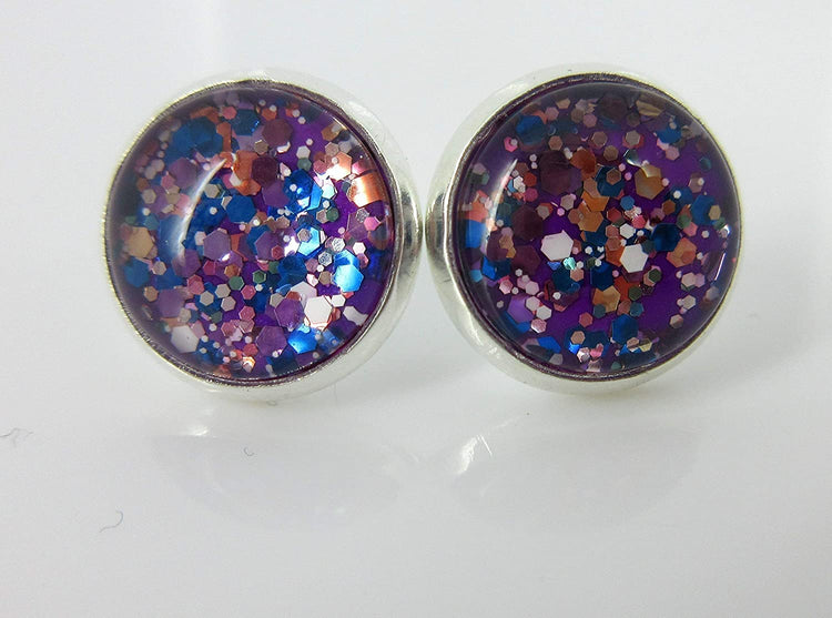 Silver-tone Purple and Multi Color Glitter Glass Stud Earrings Hand-painted 12mm