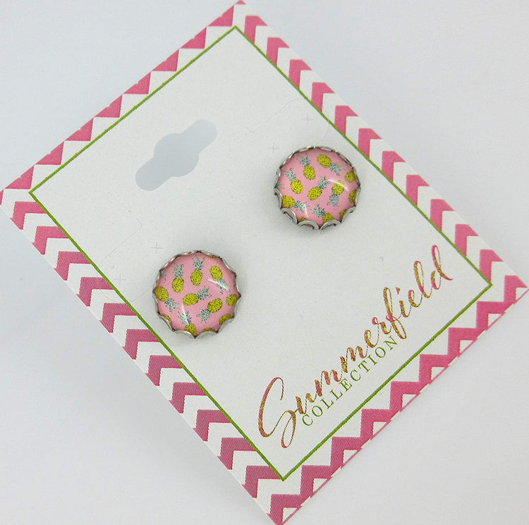 Stainless Steel Pink Pineapple Print Glass Stud Earrings 12mm