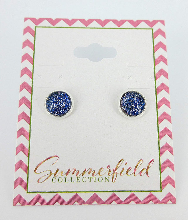 Silver-tone Royal Blue and Holographic Glitter Glass Stud Earrings Hand-painted 8mm