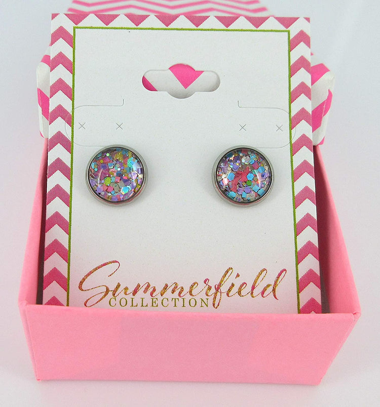 Stainless Steel Metallic Pastel Glitter Glass Stud Earrings Hand-painted 10mm