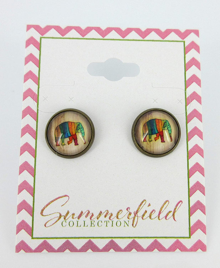 Antiqued Gold-tone Rainbow Elephant Print Glass Stud Earrings 12mm