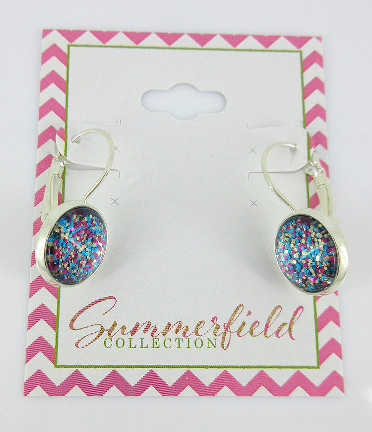 Silver-tone Blue and Pink Confetti Glitter Glass Lever-back Drop Earrings Hand-painted