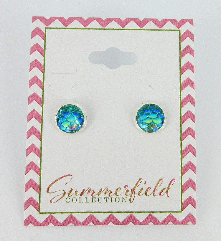 Silver-tone Aqua Blue Green Metallic Mermaid Scale Stud Earrings 8mm