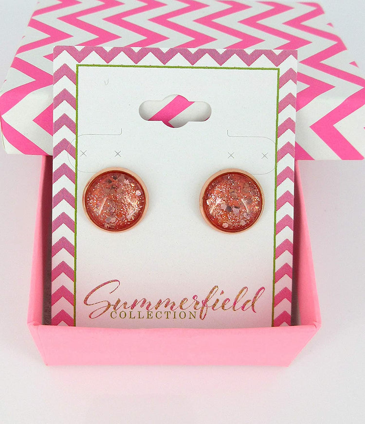 Rose Gold-tone Blush Pink Glitter Glass Stud Earrings Hand-painted 12mm