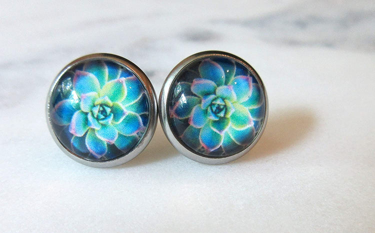 Stainless Steel Blue and Green Succulent Plant Print Glass Stud Earrings 12mm