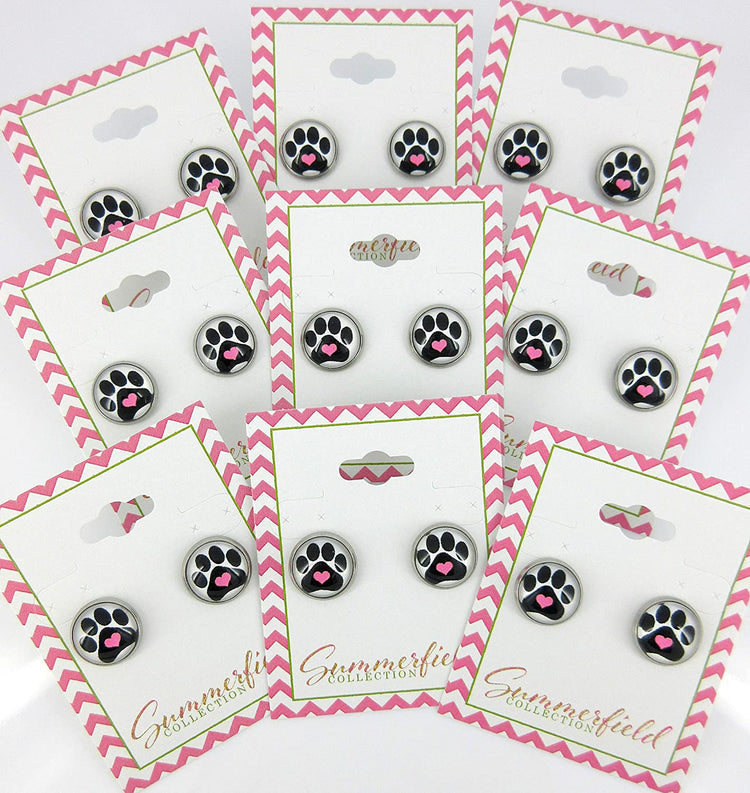 Stainless Steel Black and White Paw Print Pink Heart Glass Stud Earrings 12mm