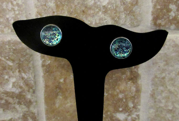 Silver-tone Mermaid Tail Glitter Glass Stud Earrings Hand-painted 12mm