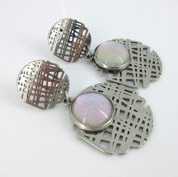 Stainless Steel Colorshifting Glitter Glass Geo Drop Earrings
