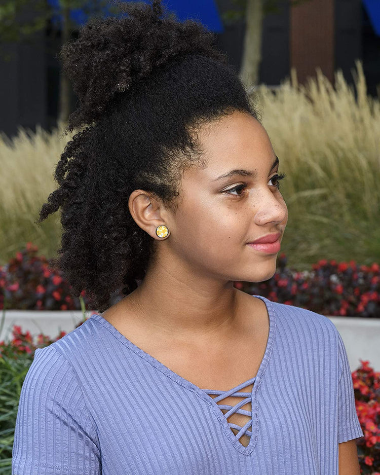 Stainless Steel Yellow Flower Print Glass Stud Earrings 12mm