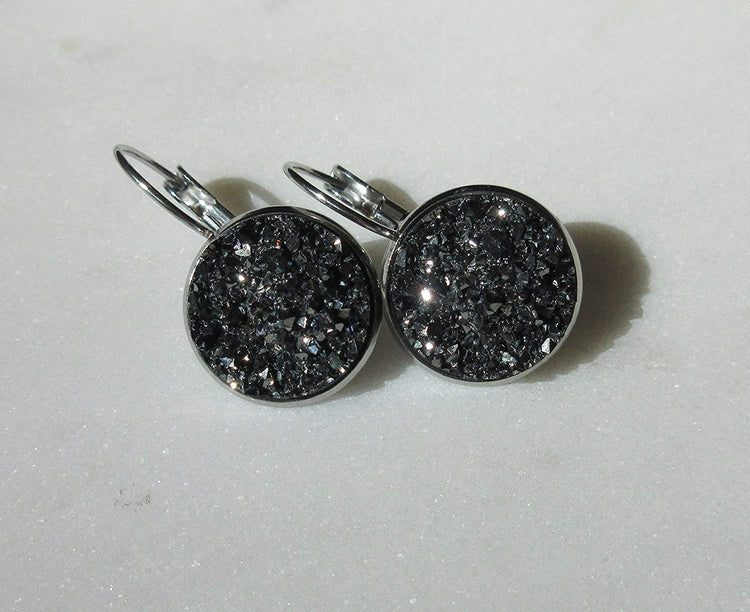 Stainless Steel Gunmetal Gray Faux Druzy Stone Lever-back Drop Earrings 14mm