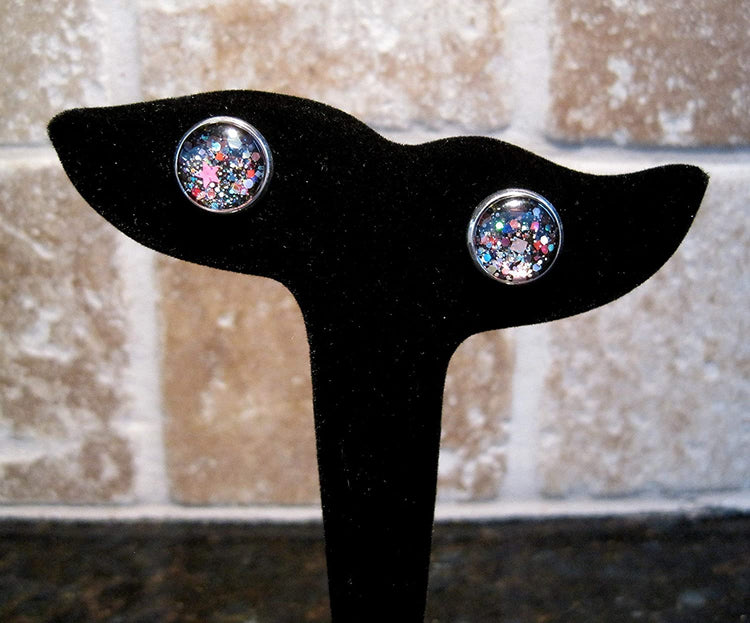 Silver-Tone Black and Multi-Color Confetti Glitter Glass Stud Earrings 1/2" Round