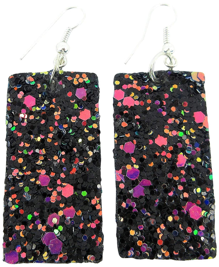 Silver-tone Glitter Faux Leather Large Rectangle Dangle Earrings (Gold and Rainbow)