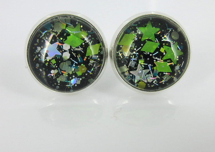 Silver-tone Trio Stud Earrings Neon Green Black Glitter Glass Gunmetal Clear Faux Druzy Stone Set