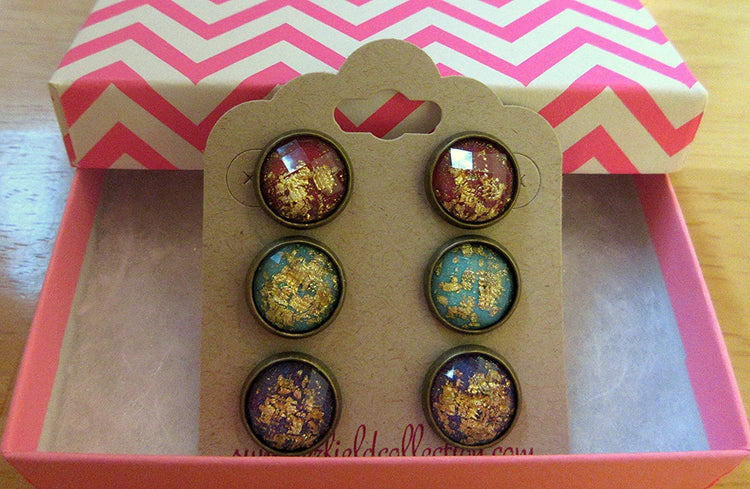 Trio Antiqued Gold-tone Leaf Foil Faceted Resin Stud Earrings Set 12mm