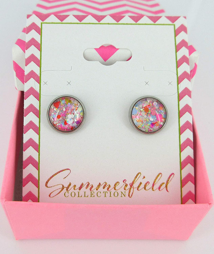 Stainless Steel Happy Confetti Glitter Glass Stud Earrings Hand-painted 10mm