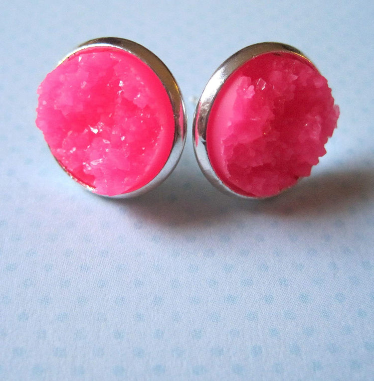 Silver-tone Neon Pink Faux Druzy Stone Stud Earrings 12mm