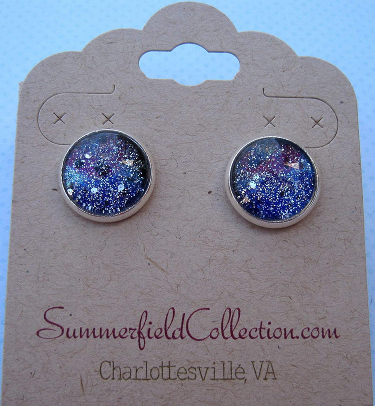 Silver-tone Glitter Glass Galaxy 12mm Stud Earrings Blue Purple Teal
