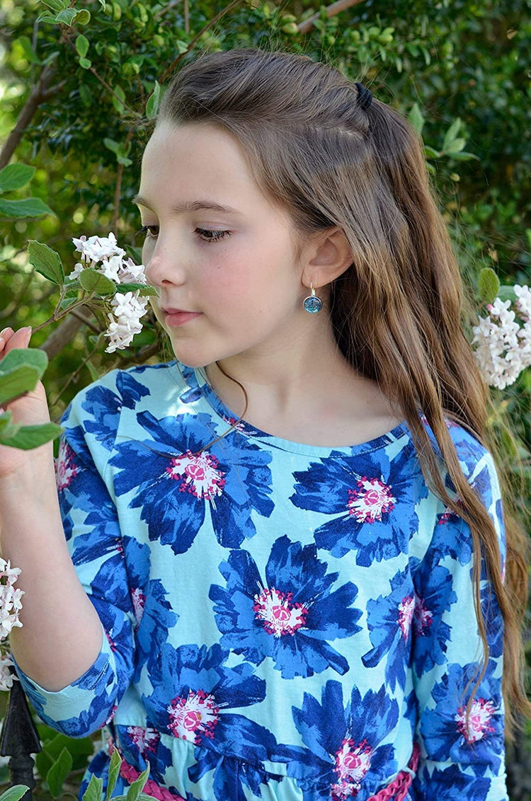 Silver-tone Blue and Pink Confetti Glitter Glass Lever-back Drop Earrings Hand-painted