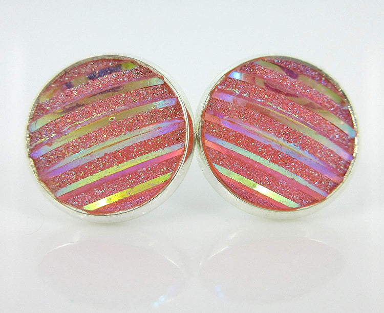 Silver-tone Frosted Metallic Stripe Stud Earrings 12mm (Light Pink AB)